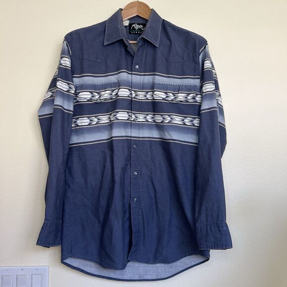 Vintage Roper Border Southwest‎ Striped Navy Blue Western Pearl Snap Shirt L USA - Picture 1 of 8